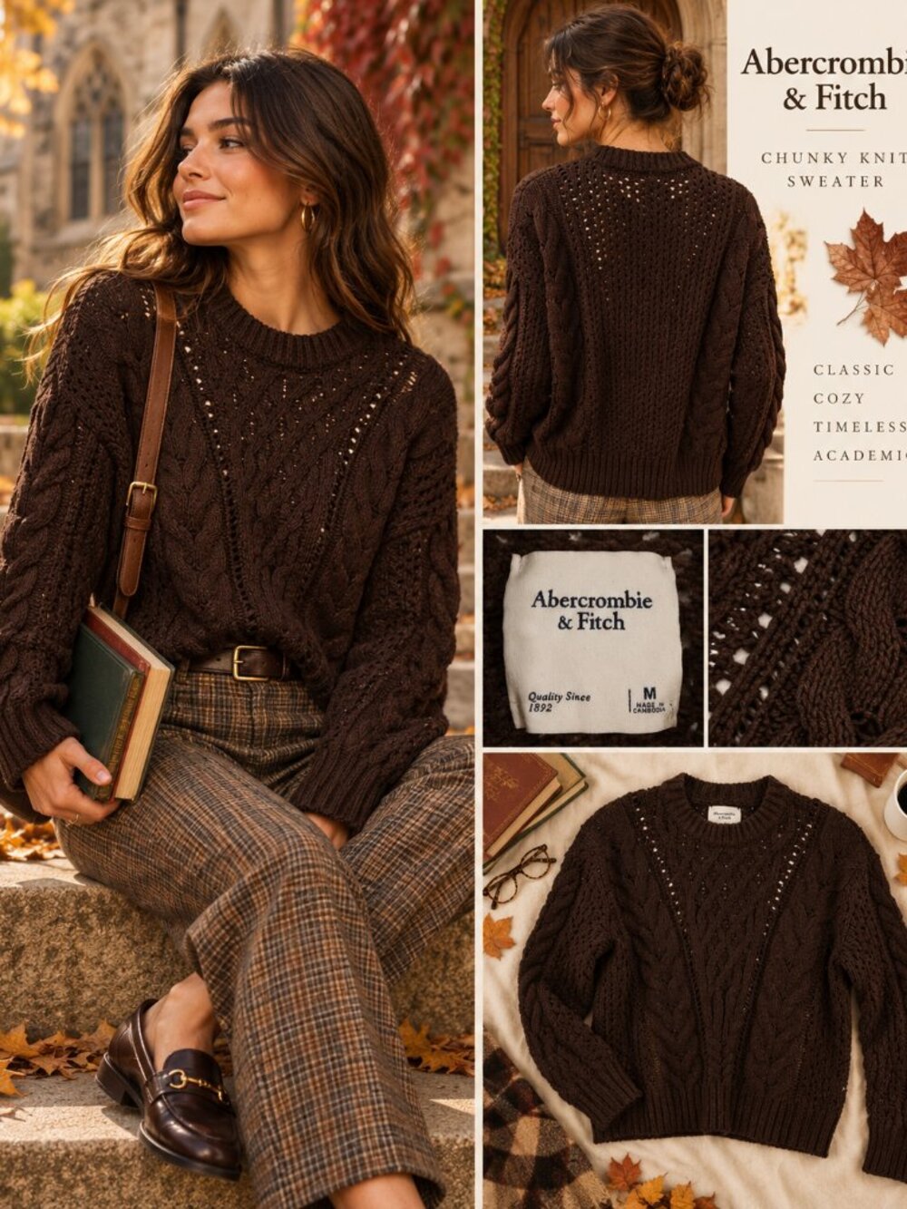Abercrombie & Fitch Brown Cable Knit Openwork Sweater M Quiet Luxury Cozy Boho